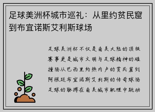 足球美洲杯城市巡礼：从里约贫民窟到布宜诺斯艾利斯球场